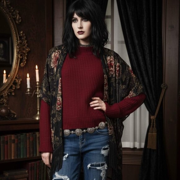 NWT Black Red Floral Velvet Fringe Kimono Jacket - Picture 4 of 4